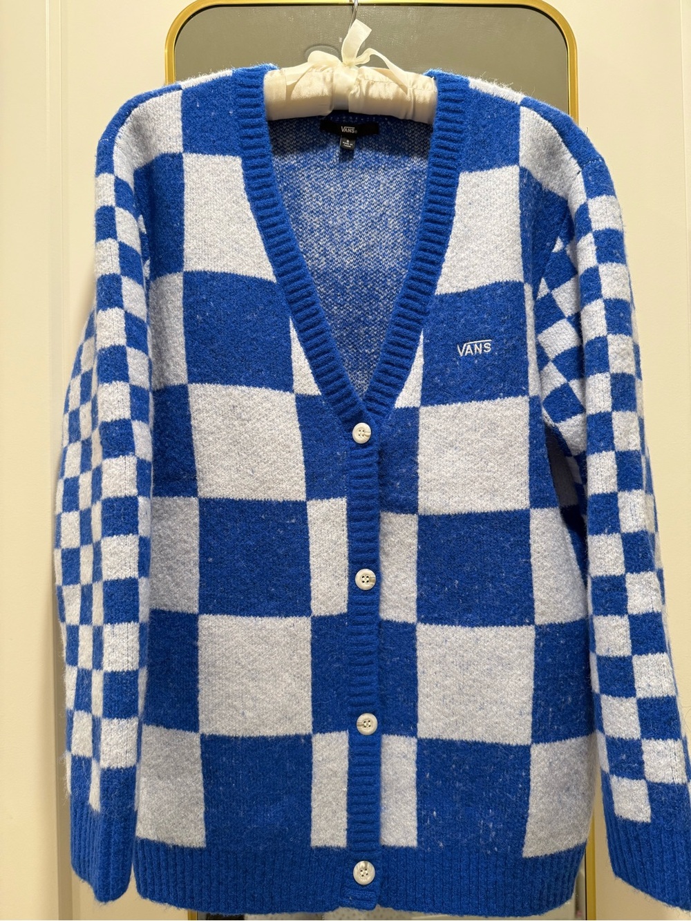 Vans Blue and Cream Checkerboard Knit Cardigan never wear very new